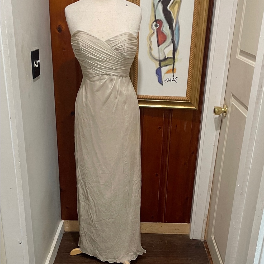 Amsale Strapless Ruched Sweetheart Maxi Dress in Light Beige